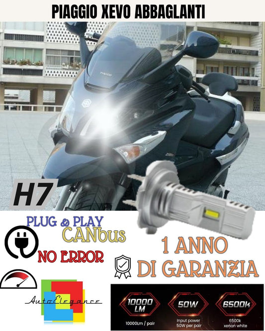 LAMPADA LED H7 6000K 3500 LUMEN CANBUS PIAGGIO XEVO ABBAGLIANTE NO AVARIA LUCI