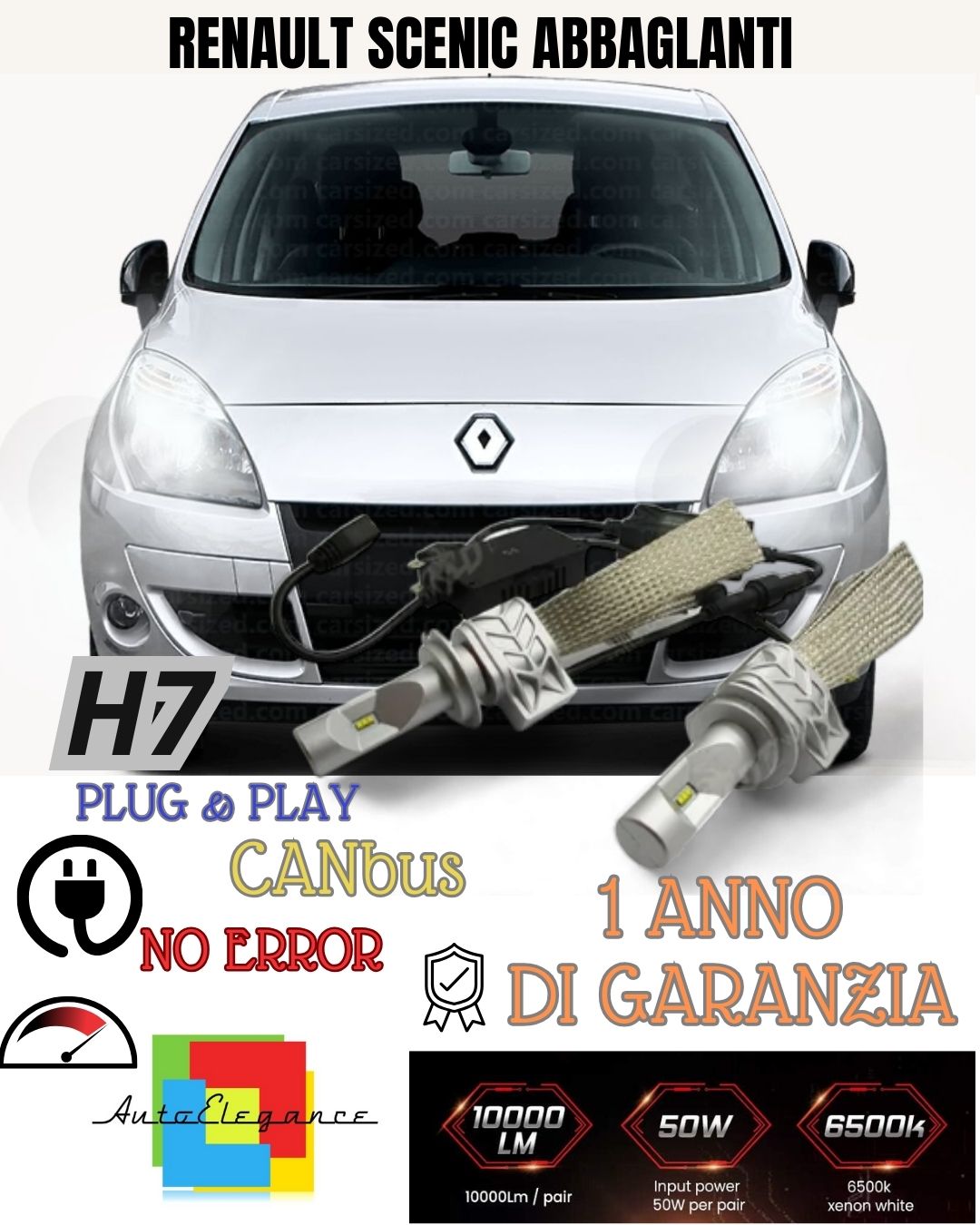 KIT FULL LED RENAULT SCENIC MK3 LED H7 6500K ABBAGLIANTE CANBUS 8000 LUMEN