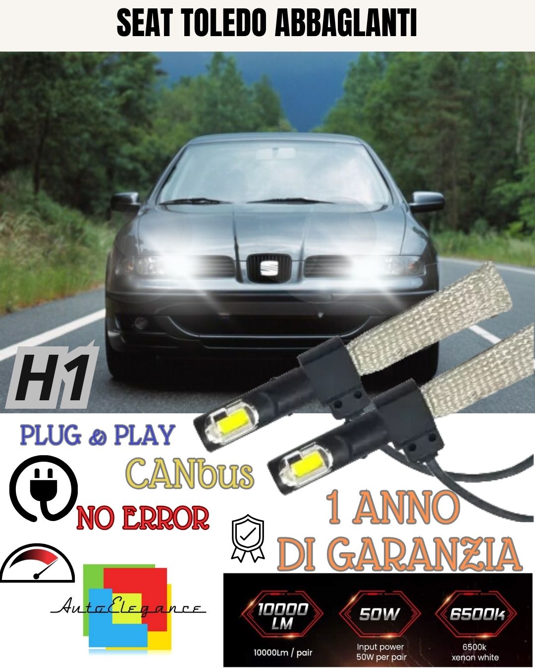 KIT LED H1 SEAT TOLEDO MK2 ABBAGLIANTE ACCENSIONE RAPIDA 6400 LUMEN XENON 6000K