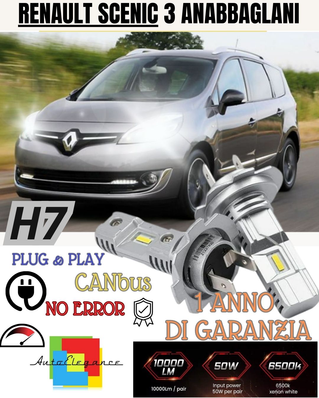 H7 LED KIT FOR RENAULT SCENIC MK3 6000K WHITE 6000 LUMEN CANBUS LOW BEAM