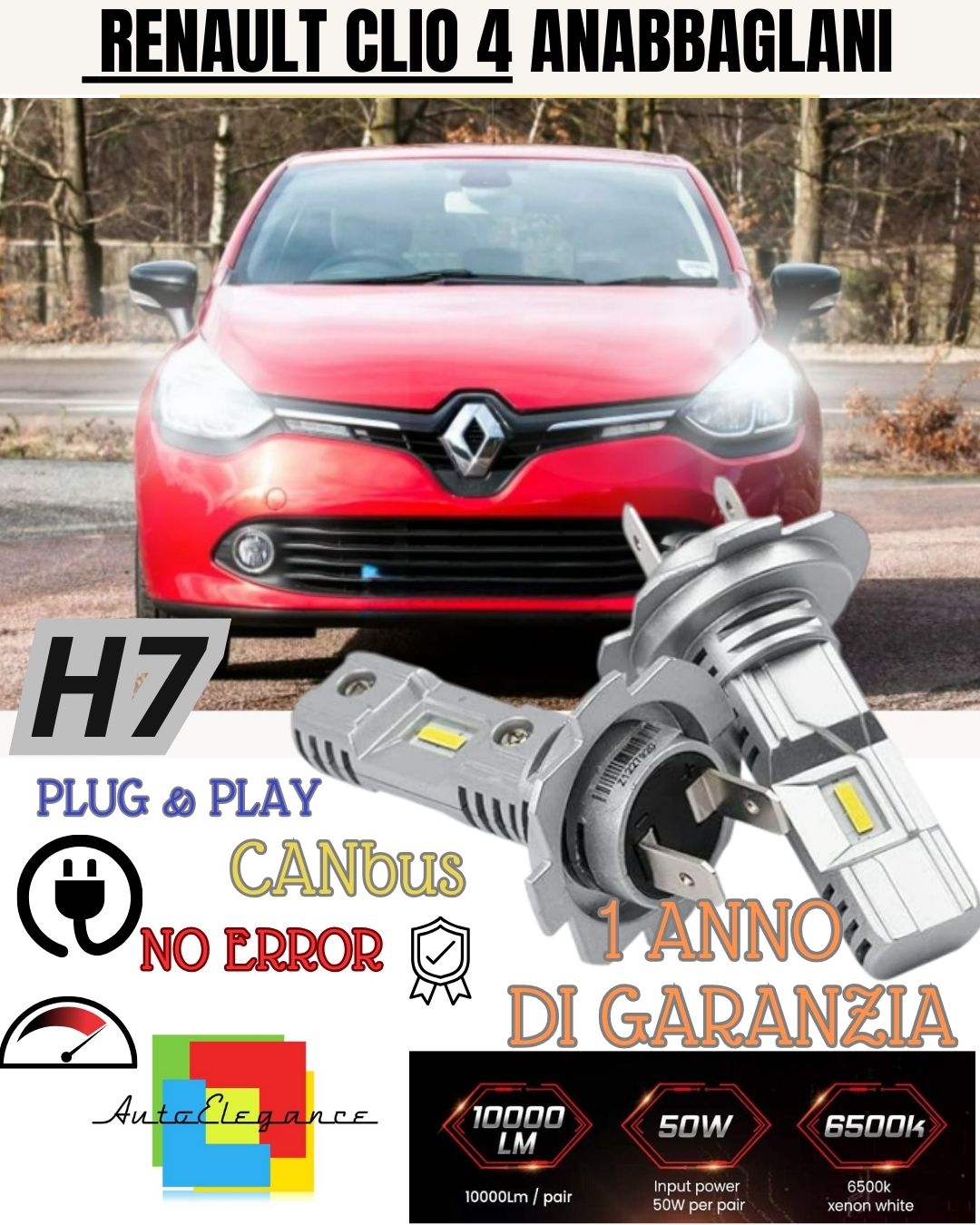 KIT LED H7 PER RENAULT CLIO MK4 IV 6000K BIANCO 6000 LUMEN CANBUS ANABBAGLIANTI