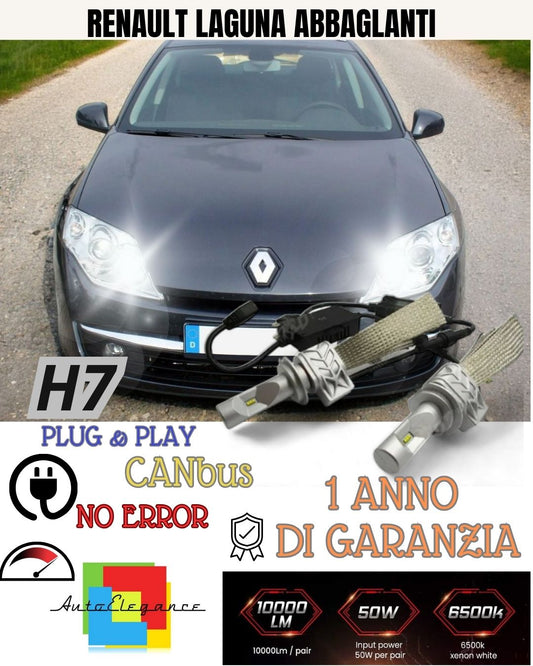 KIT FULL LED RENAULT LAGUNA III H7 6500K ABBAGLIANTE CANBUS 8000 LUMEN