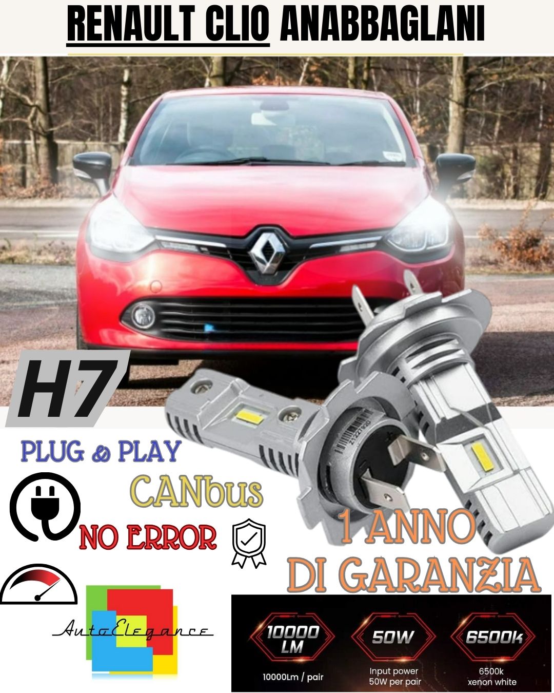 H7 LED KIT FOR RENAULT CLIO MK2 II 6000K WHITE 6000 LUMEN CANBUS LOW BEAM