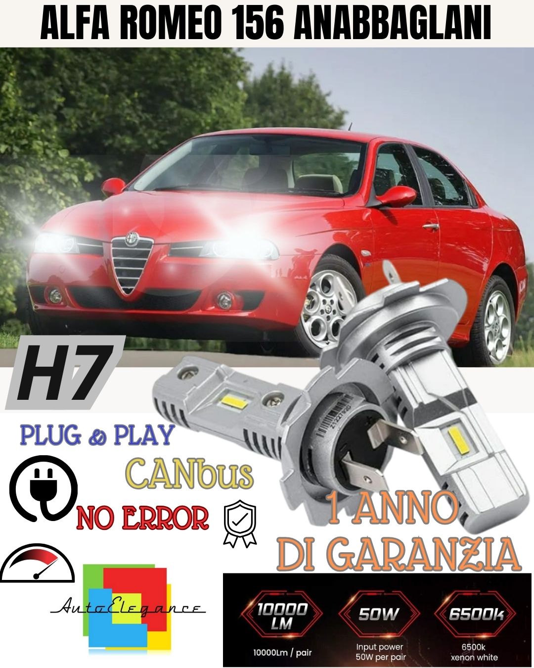 ALFA ROMEO 156 H7 LED KIT 6000K WHITE 6000 LUMEN CANBUS LOW BEAM CANBUS 