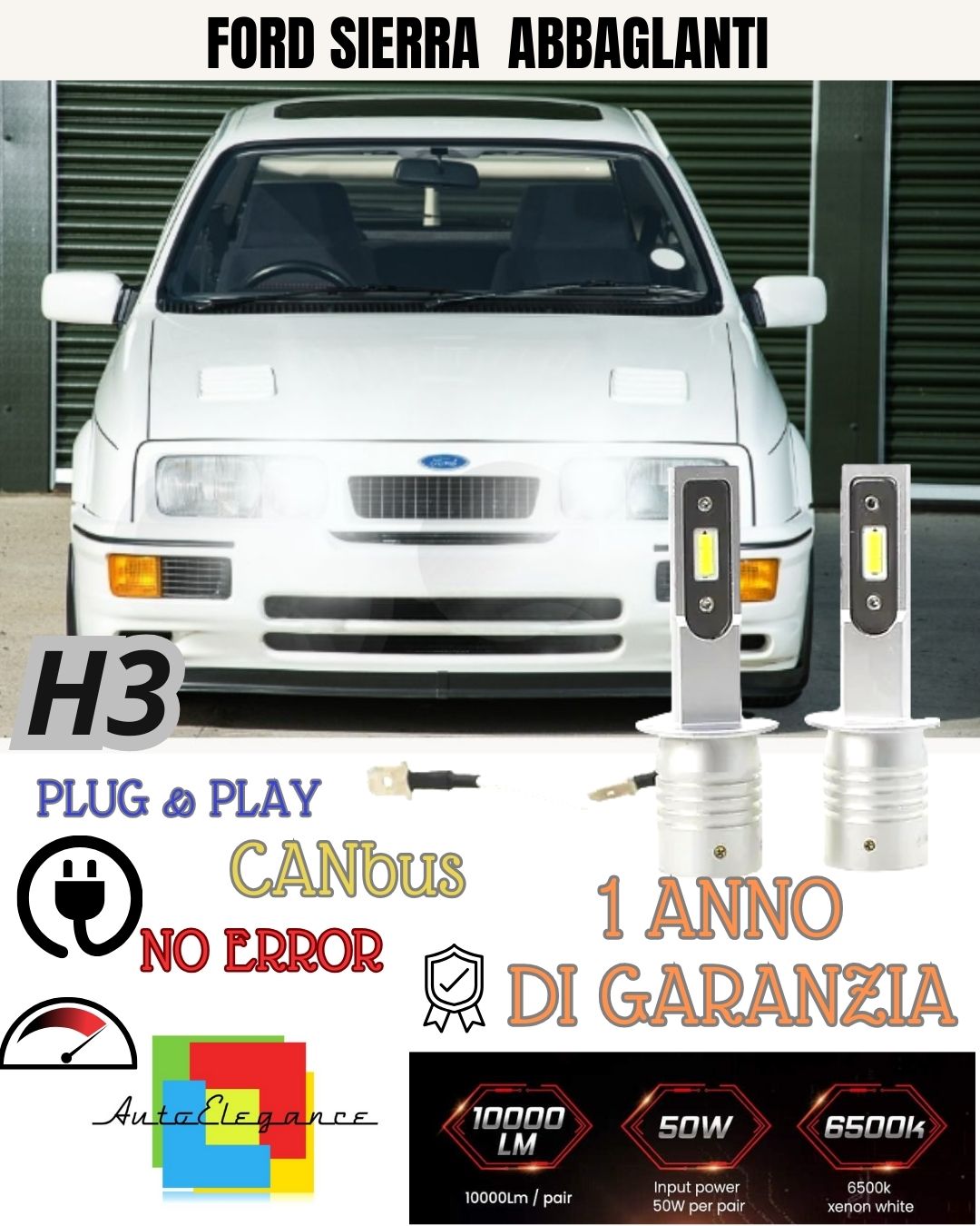 😍 LAMPADE ABBAGLIANTI LED FORD SIERRA MK2 II CANBUS H3 BIANCO XENON 10000 LUMEN