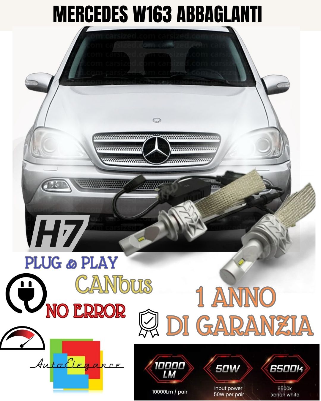 FULL LED KIT MERCEDES W163 FROM 09/2000 H7 6500K HIGH BEAM CANBUS 8000 LUMEN 