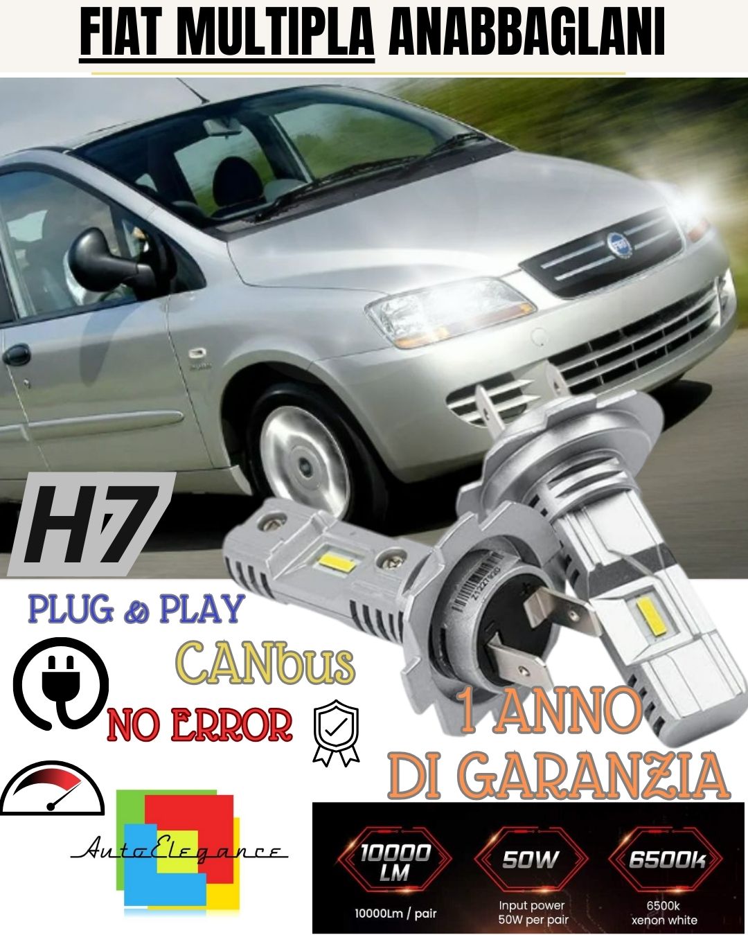 FIAT MULTIPLA MK2 H7 LED KIT 6000K WHITE 6000 LUMEN CANBUS LOW BEAM