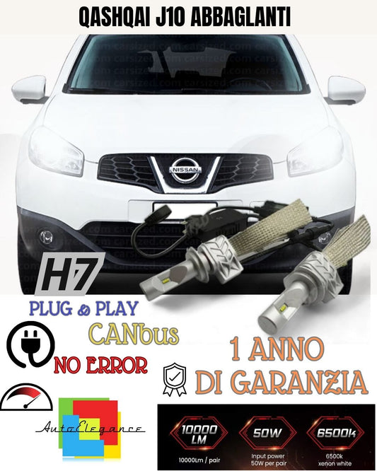 KIT LED QASHQAI J10 LED 6500K 8000 LM ABBAGLIANTE CANBUS ULTRALUMINOSI NO ERROR