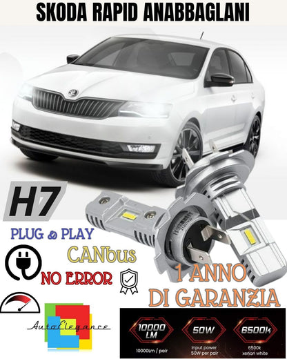 KIT LED H7 PER SKODA RAPID 6000K BIANCO 6000 LUMEN CANBUS ANABBAGLIANTI