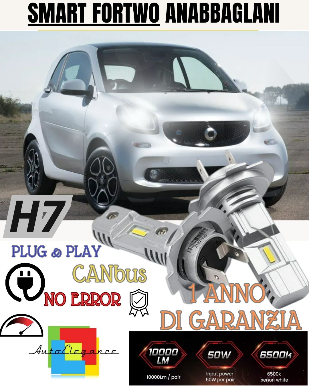 H7 LED KIT FOR SMART FORTWO 450 6000K WHITE 6000 LUMEN CANBUS LOW BEAM 