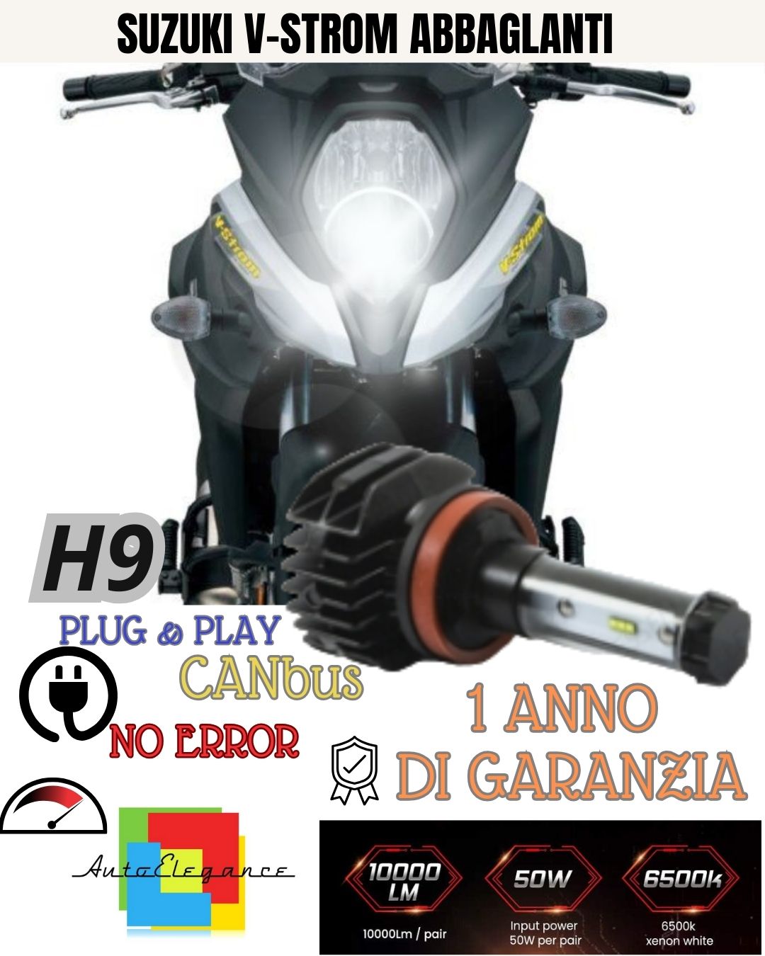 LAMPADA LED H9 6000K 4900 LUMEN CANBUS SUZUKI V-STROM 650 1000 ABBAGLIANTE MOTO