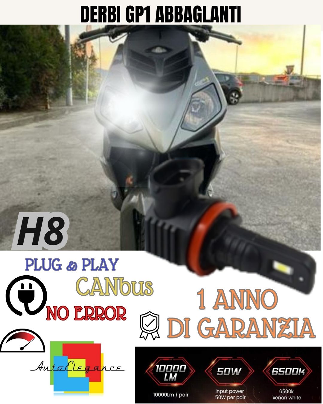 H8 LED LAMP 6000K 3000 LUMEN CANBUS FOR DERBI GP1 DAZZLING ICE WHITE