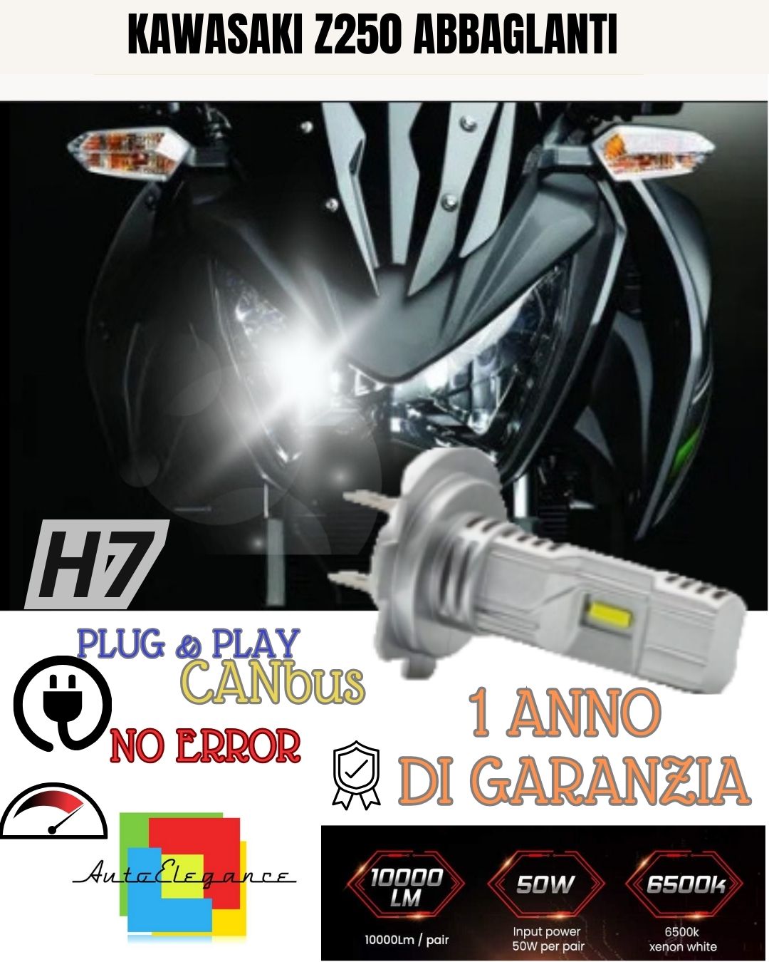 LED LAMP H7 6000K 3500 LUMEN CANBUS KAWASAKI Z250 Z300 HIGH BEAM NO FAILURE