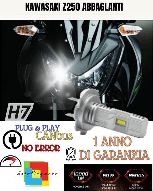 LAMPADA LED H7 6000K 3500 LUMEN CANBUS KAWASAKI Z250 Z300 ABBAGLIANTE NO AVARIA