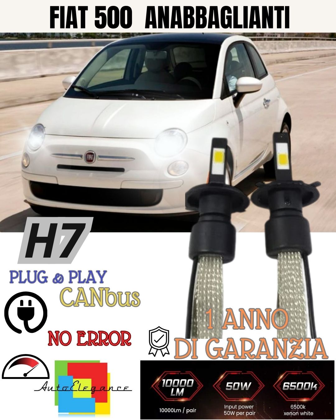 KIT LAMPADE ANABBAGLIANTI LED FIAT 500 CINQUECENTO LED H7 6000K BIANCO NO ERROR