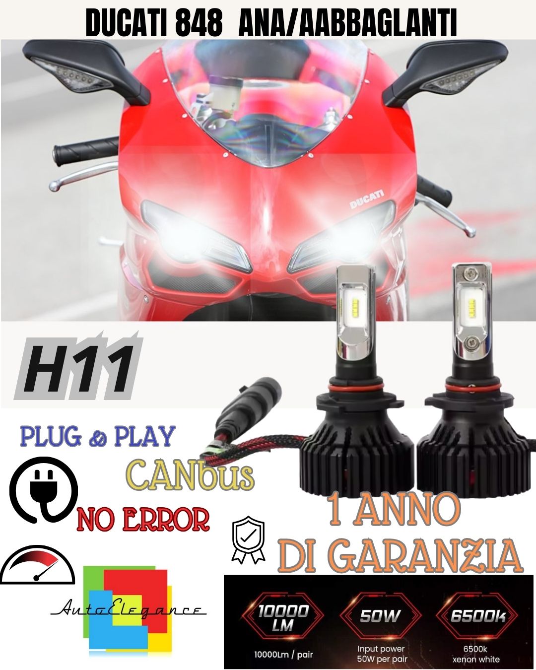 FULL LED LAMP KIT H11 6000K DUCATI 848 1098 1198 LOW BEAM + HIGH BEAM