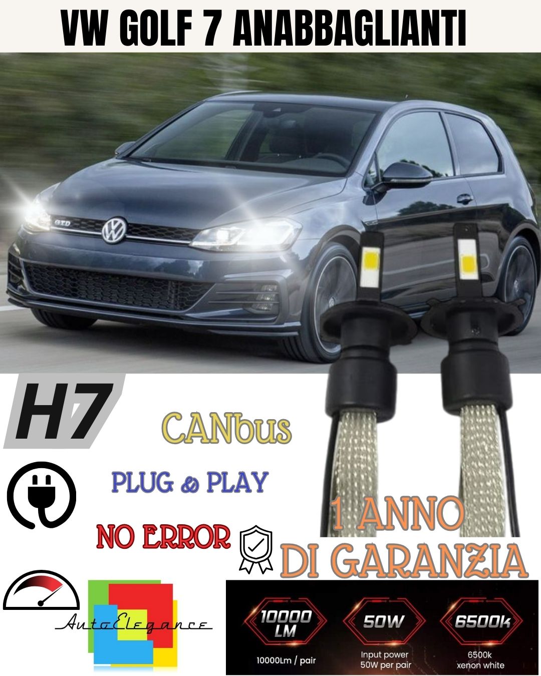 VOLKSWAGEN GOLF 7 LED LOW BEAM LAMP KIT LED H7 6000K 6400 LUMEN NO ERROR 