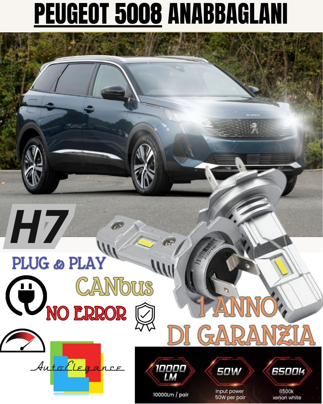 H7 LED KIT FOR PEUGEOT 5008 SUV 6000K WHITE 6000 LUMEN CANBUS LOW BEAM