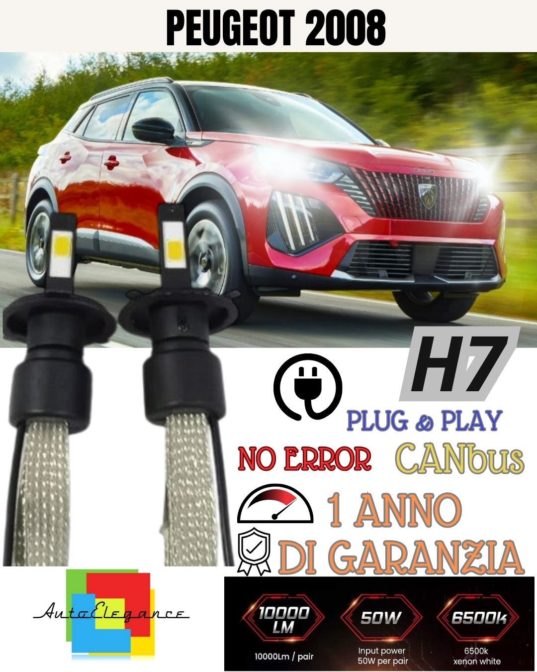 FULL LED KIT PEUGEOT 2008 LED LAMPS H7 6000K ICE WHITE NO ERROR 