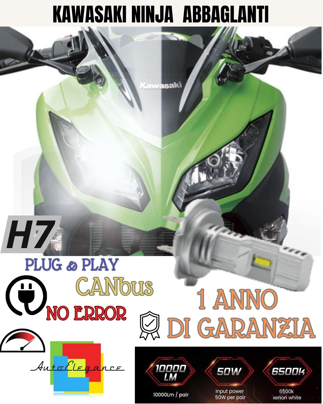 LAMPADA LED H7 6000K 3500 LUMEN CANBUS KAWASAKI NINJA 650 ABBAGLIANTE NO AVARIA