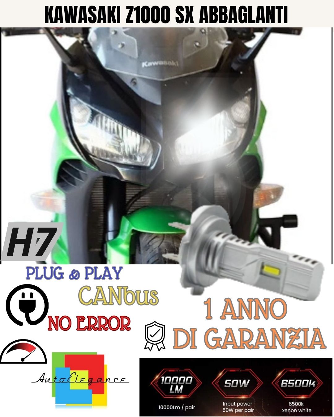 LAMPADA LED H7 6000K 3500 LUMEN CANBUS KAWASAKI Z1000 SX ABBAGLIANTE NO AVARIA