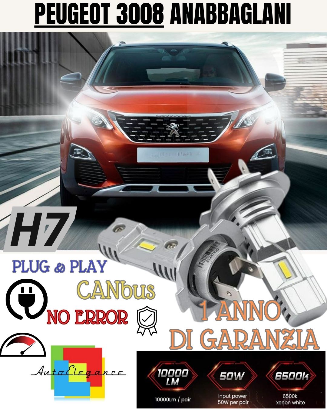 H7 LED KIT FOR PEUGEOT 3008 SUV 6000K WHITE 6000 LUMEN CANBUS LOW BEAM 