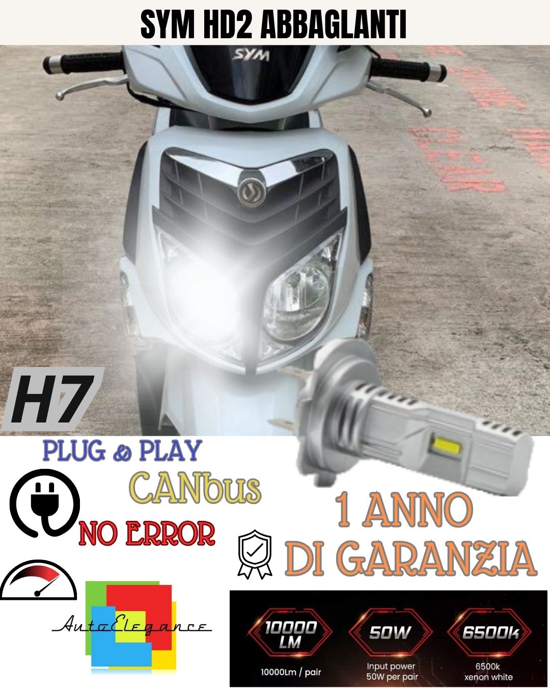🏍️🏍️LAMPADA LED H7 6000K 3500 LUMEN CANBUS SYM HD2 ABBAGLIANTE LUCE BIANCA🏍️
