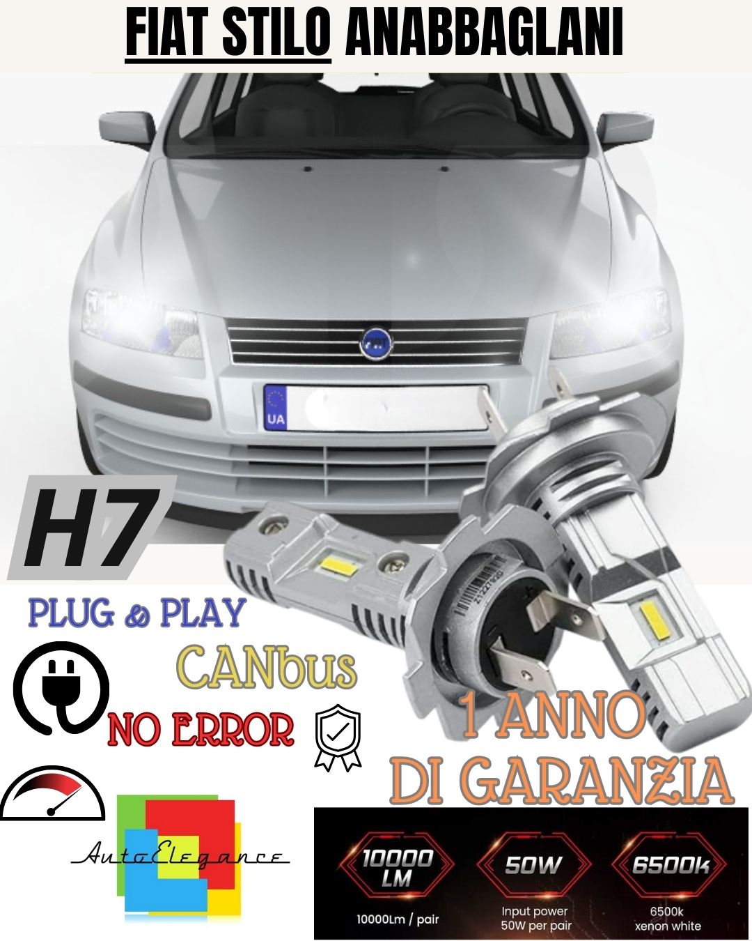 KIT LED H7 PER FIAT STILO 6000K BIANCO 6000 LUMEN CANBUS ANABBAGLIANTI