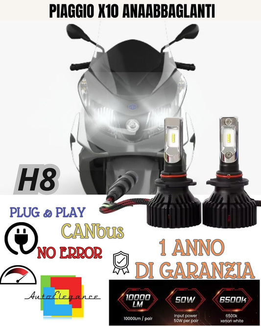 KIT LED H8 6000K BIANCO 9800 LUMEN ANABBAGLIANTI PIAGGIO X10 NO AVARIA LUCI