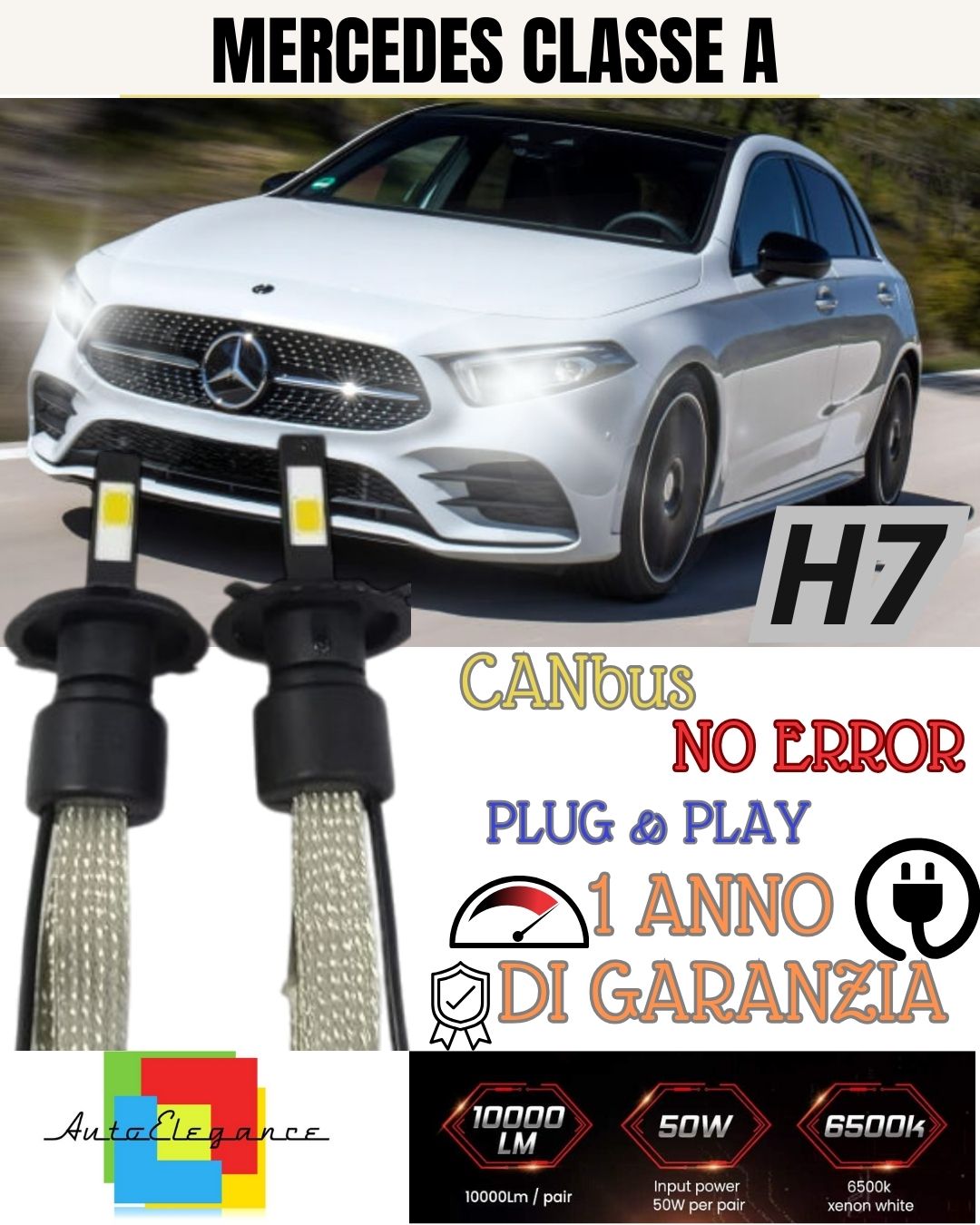 KIT FULL LED MERCEDES CLASSE A W176 LAMPADE LED H7 6000K BIANCO GHIACCIO