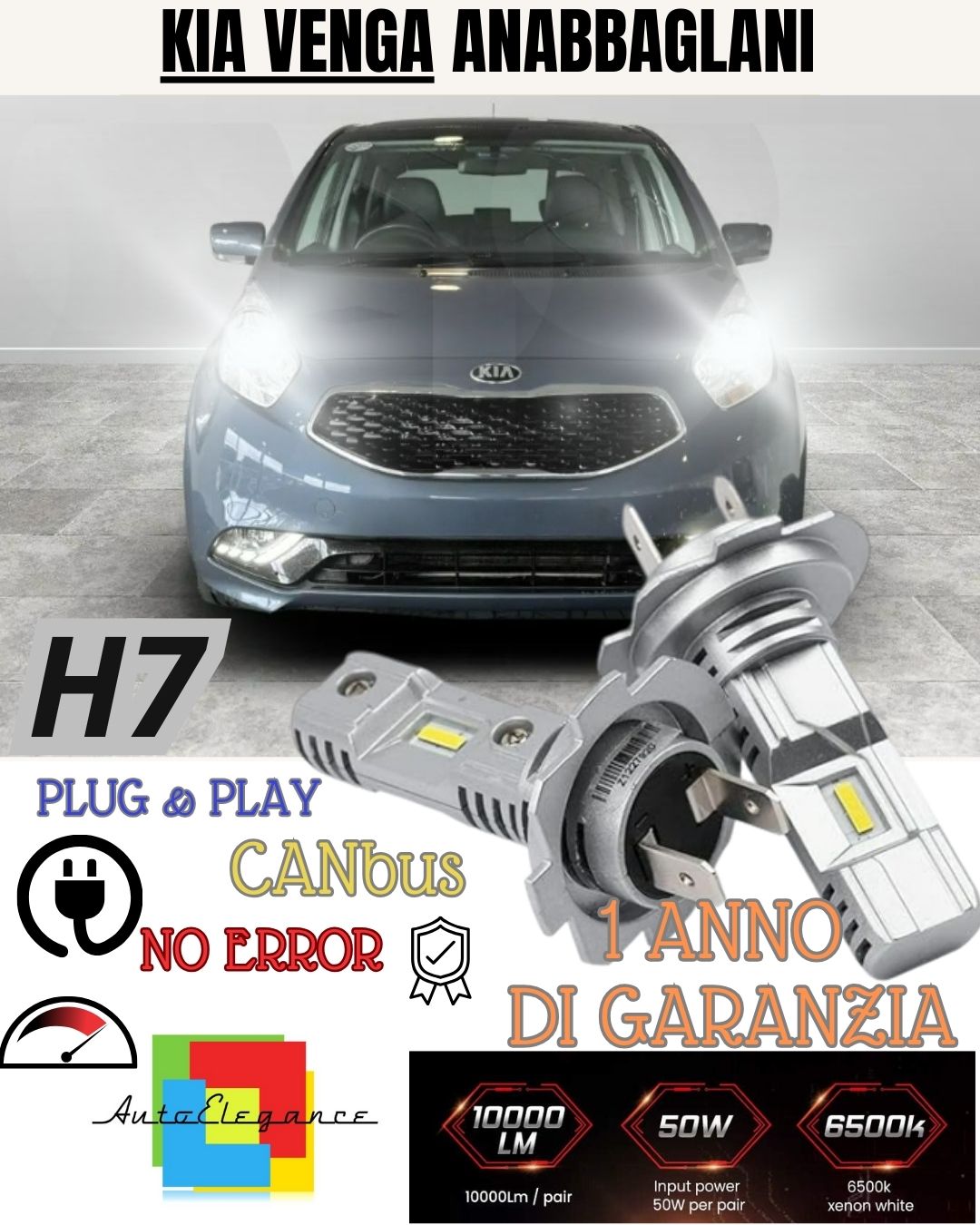 H7 LED KIT FOR KIA VENGA 6000K WHITE 6000 LUMEN CANBUS HIGH BEAM 