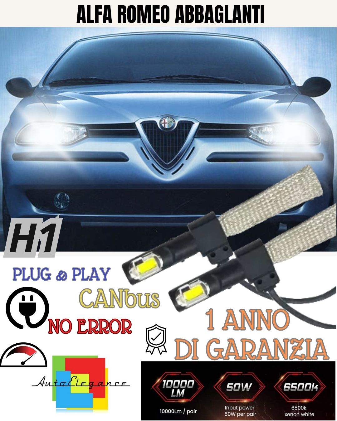KIT LED H1 ALFA ROMEO 156 ABBAGLIANTI 6400 LUMEN 6000K BIANCO GHIACCIO CANBUS