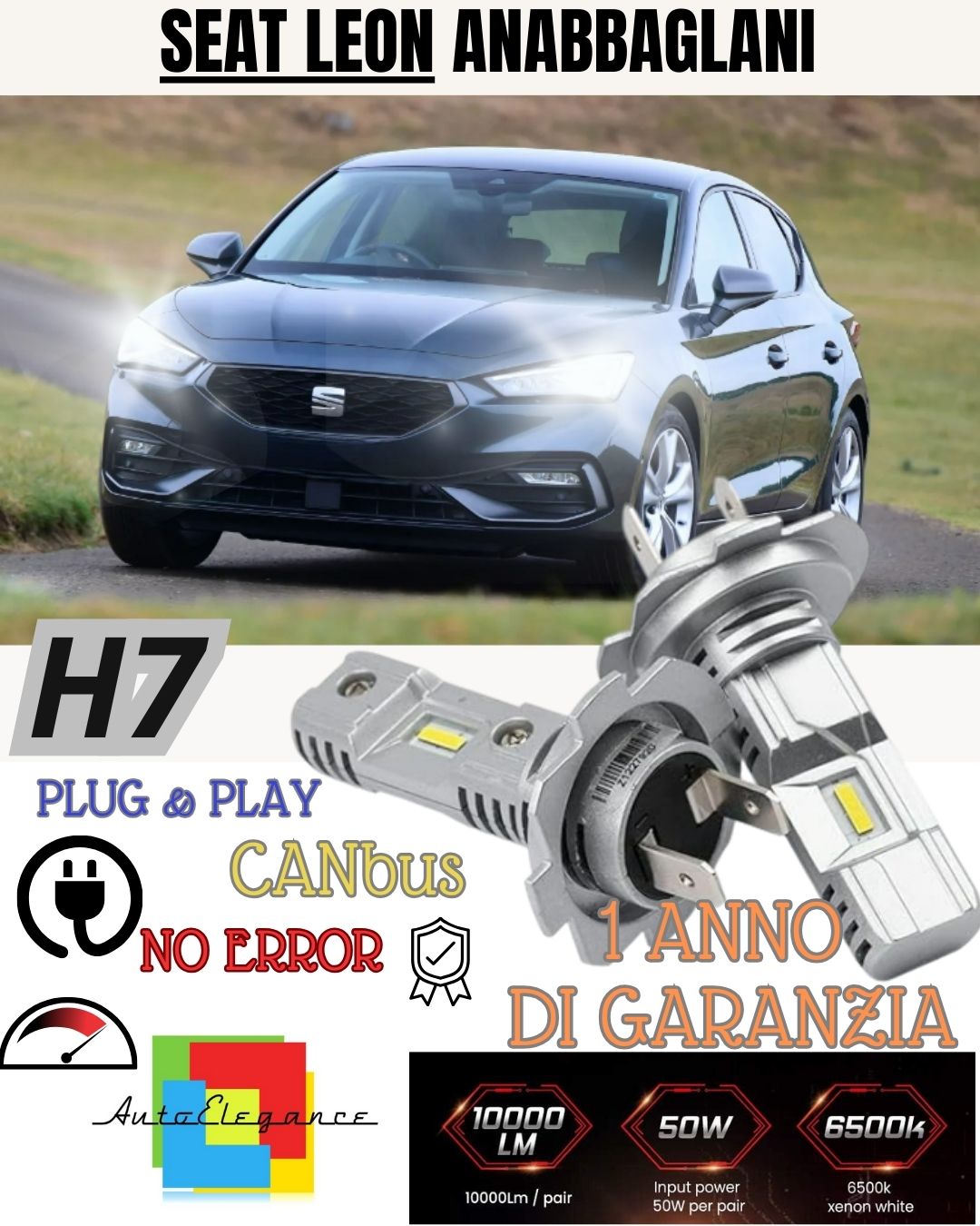 H7 LED KIT FOR SEAT LEON 1M 6000K WHITE 6000 LUMEN CANBUS LOW BEAM 