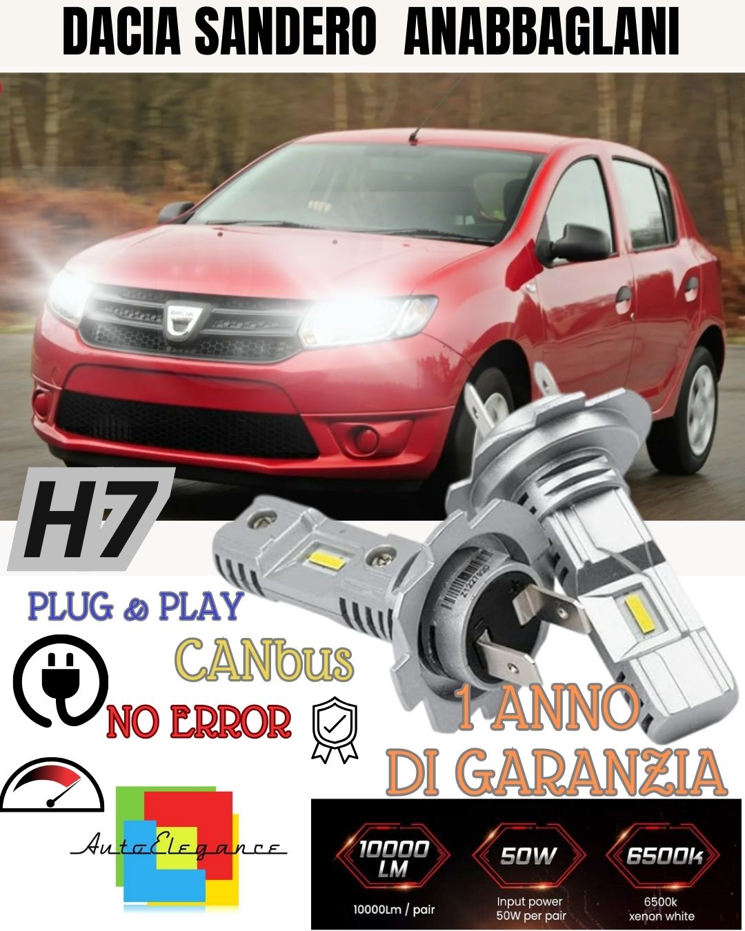 LED KIT H7 DACIA SANDERO MK2 II 6000K WHITE 6000 LUMEN CANBUS LOW BEAM 