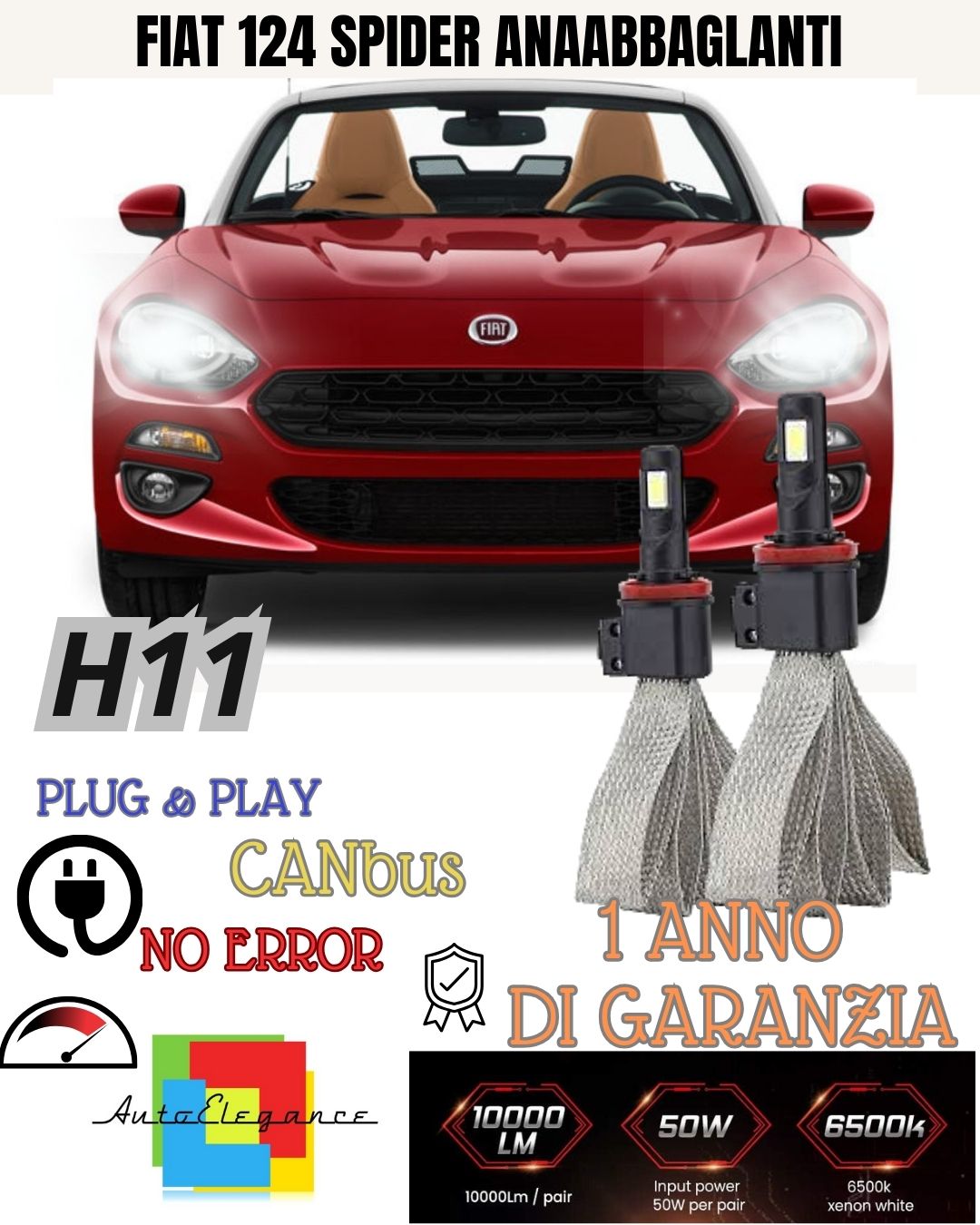 FULL LED KIT H11 LOW BEAM FIAT 124 SPIDER 6000K WHITE CANBUS 6400 LUMEN