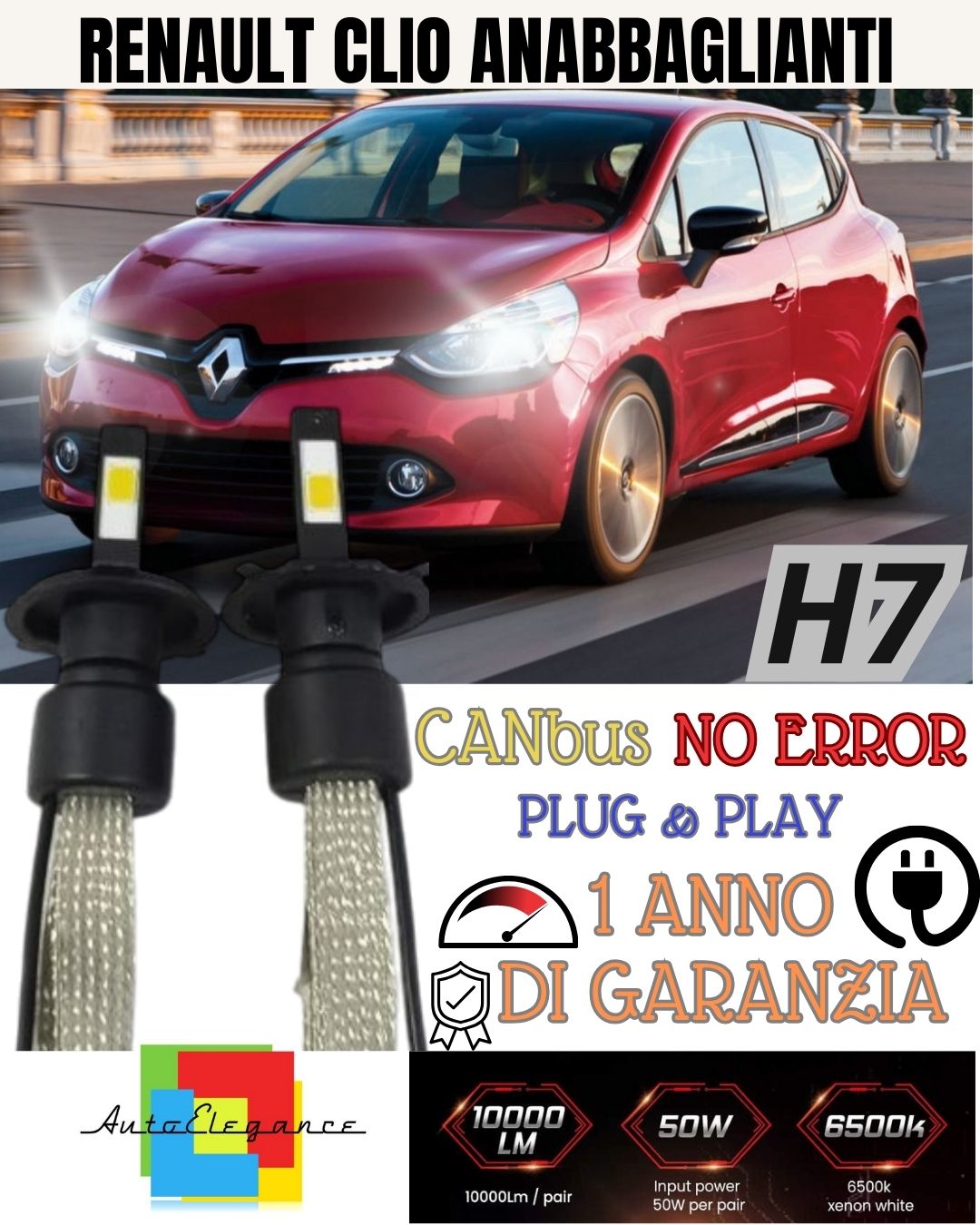 LED LOW BEAM LAMP KIT H7 RENAULT CLIO 3 PARABOLA HEADLIGHT 6000K WHITE 