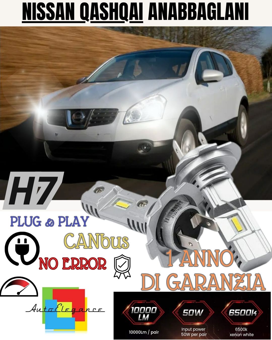 KIT LED H7 NISSAN QASHQAI J10 6000K WHITE 6000 LUMEN CANBUS LOW BEAM 