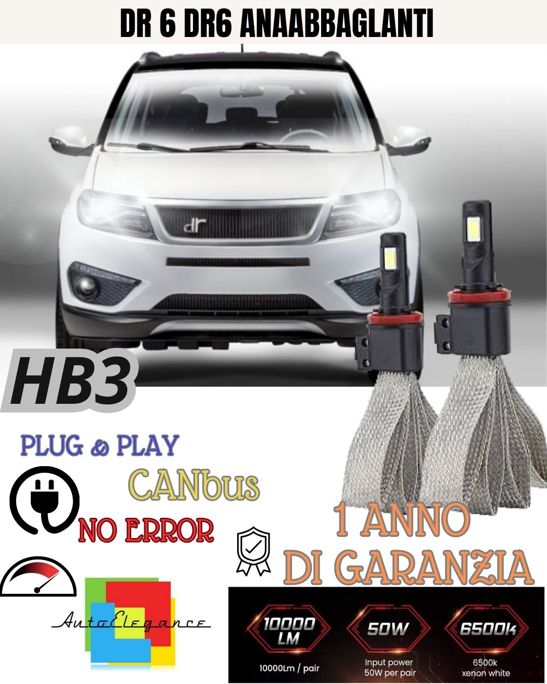 KIT FULL LED HB3 9006 DR 6 DR6 6000K CANBUS 6400 LUMEN LOW BEAM HIGH BEAM