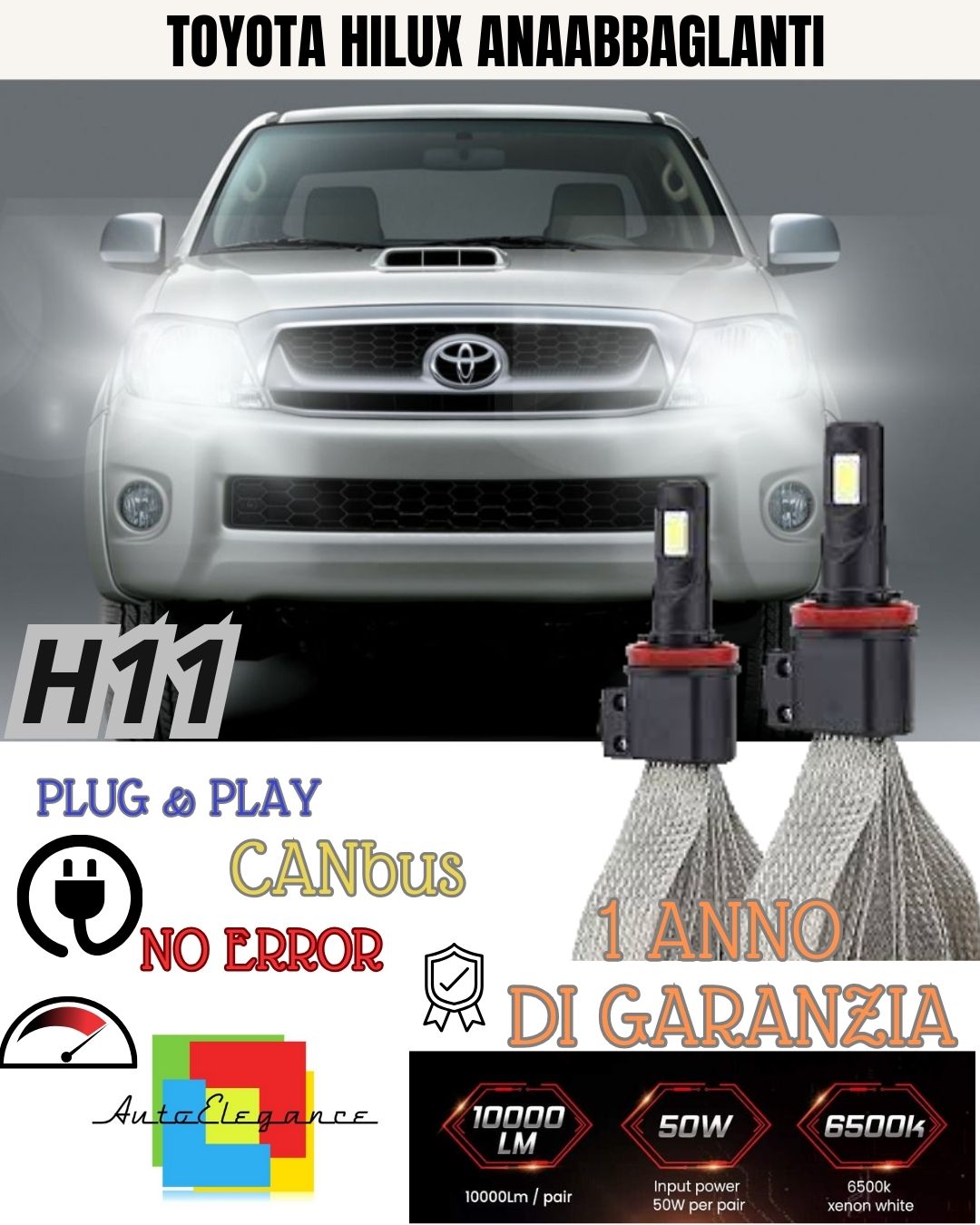 FULL LED KIT H11 TOYOTA HILUX MK8 6000K WHITE CANBUS 6400 LUMEN LOW BEAM