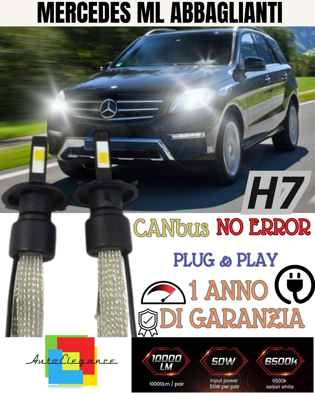 H7 LED KIT MERCEDES ML W163 FROM 09/2000 6000K HIGH BEAM INSTANT ON 