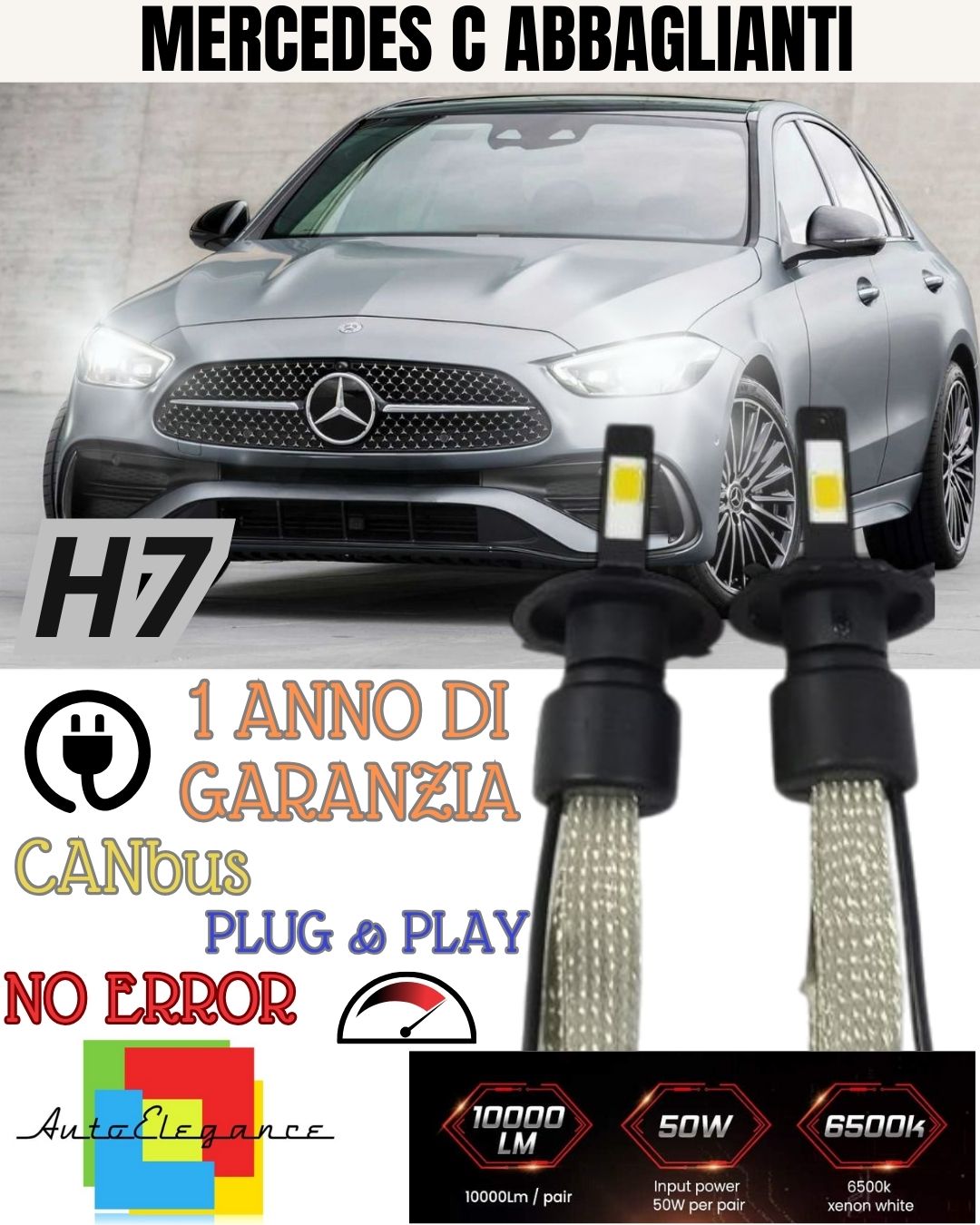 KIT LAMPADE H7 LED ABBAGLIANTI MERCEDES CLASSE C W205 6000K 6400 LUMEN NO ERROR