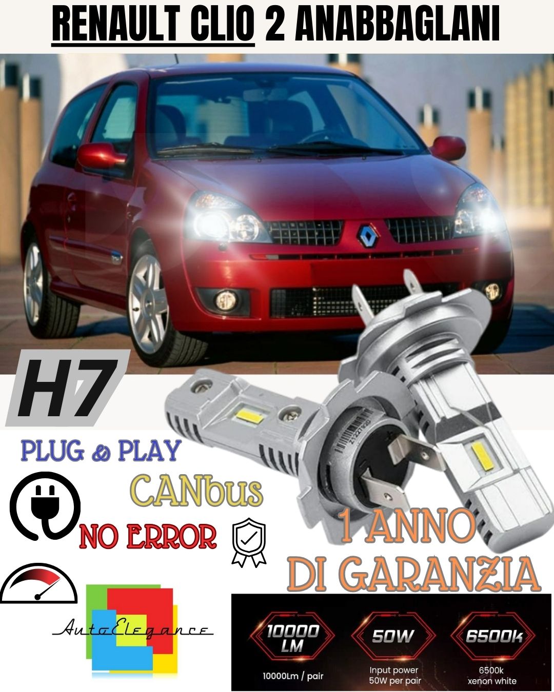 H7 LED KIT FOR RENAULT CLIO MK2 II 6000K WHITE 6000 LUMEN CANBUS LOW BEAM 