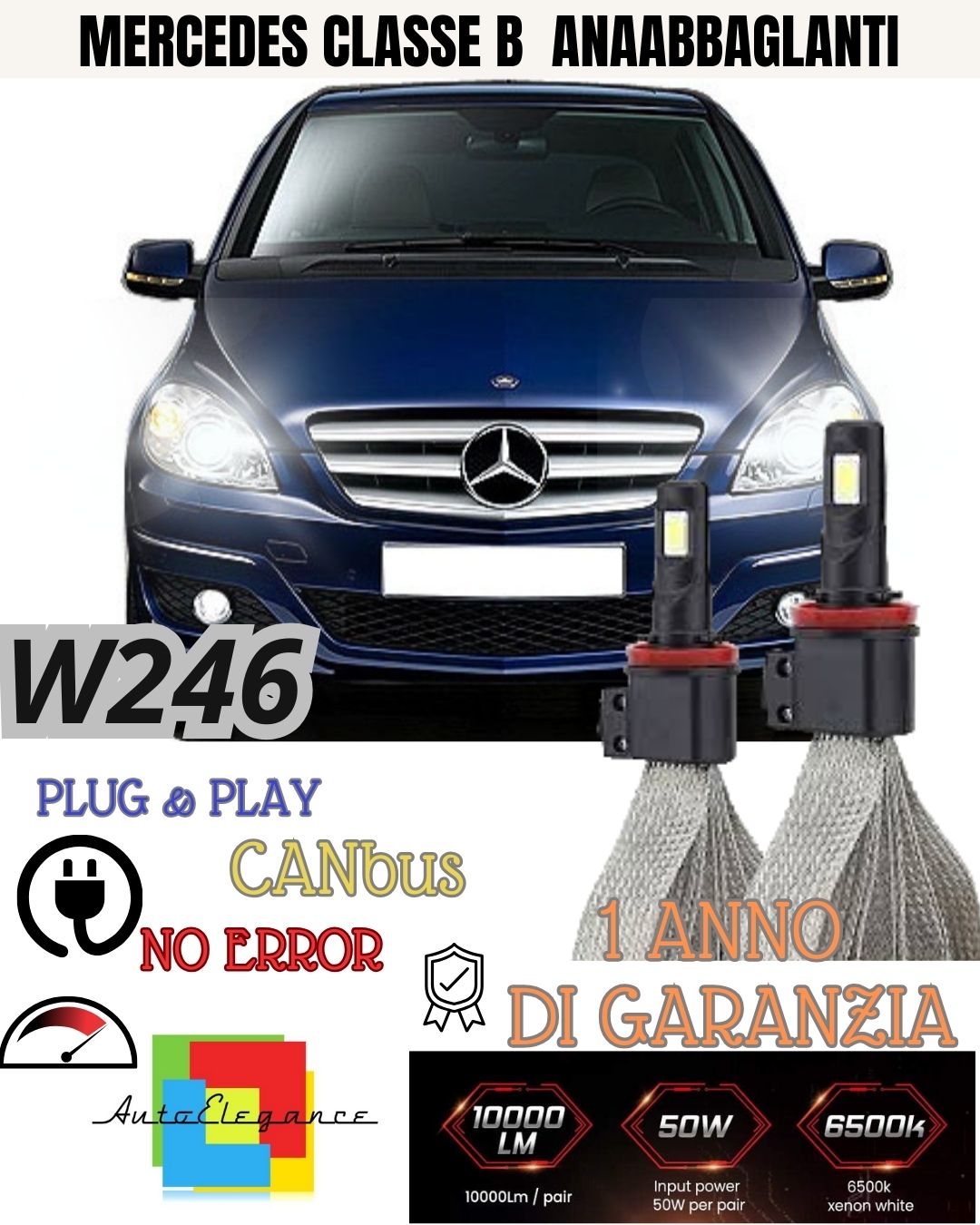 KIT FULL LED MERCEDES CLASSE B W246 LAMPADE LED H7 6000K XENON ANABBAGLIANTI