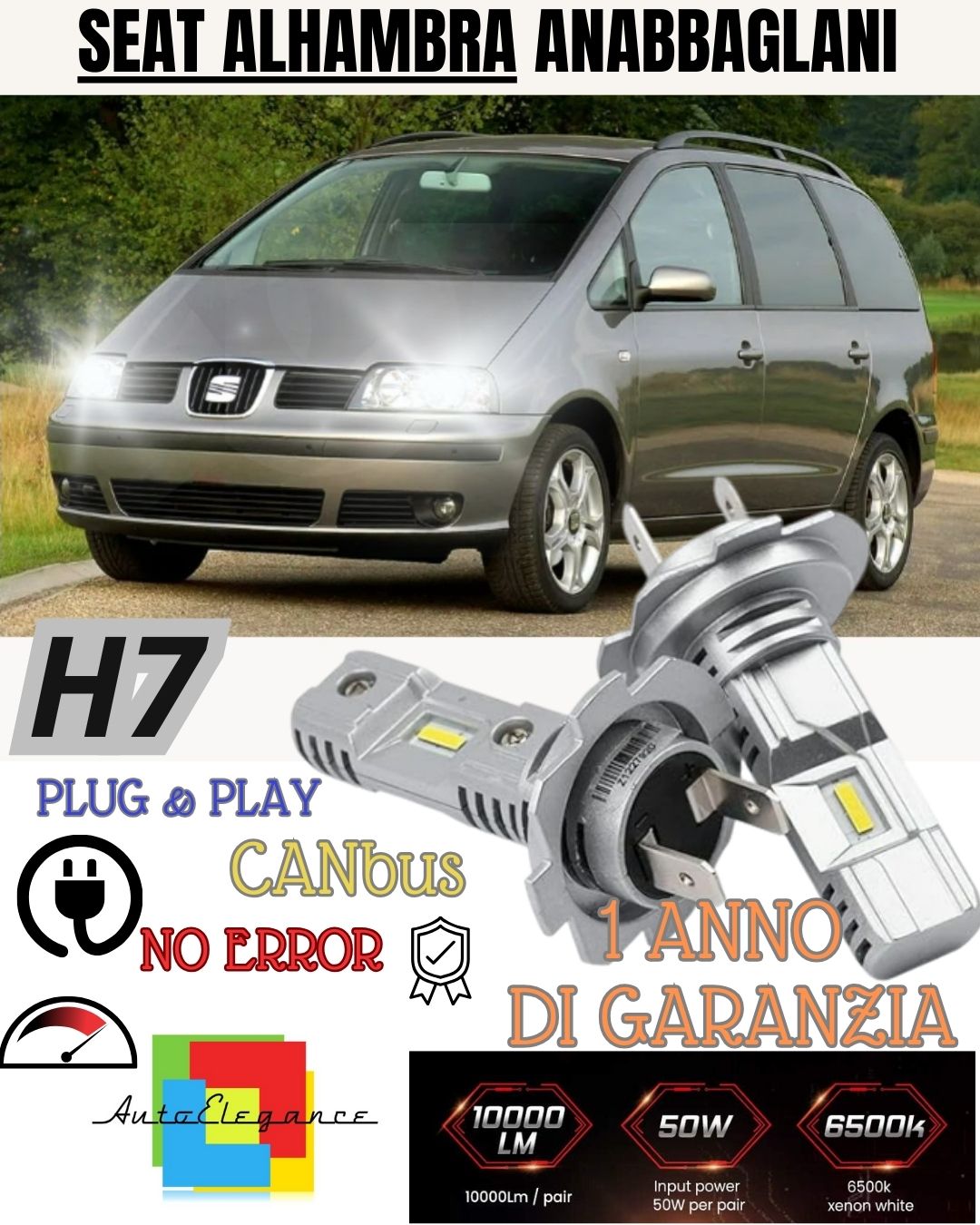 KIT LED H7 PER SEAT ALHAMBRA 7M MK1 6000K BIANCO 6000 LUMEN CANBUS ANABBAGLIANTI