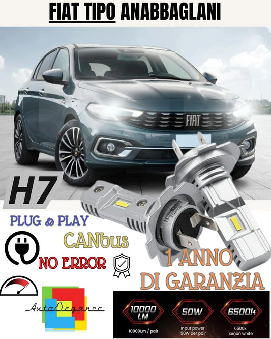 KIT LED H7 FIAT TIPO 6000K BIANCO 6000 LUMEN CANBUS ANABBAGLIANTI FARO PARABOLA