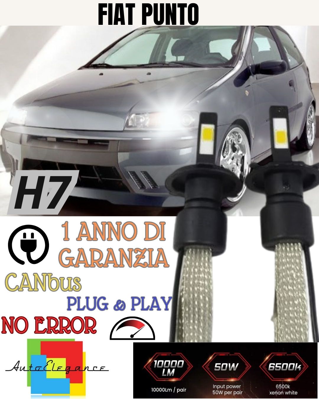 KIT FULL LED FIAT PUNTO MK2 LAMPADE LED H7 6000K XENON BIANCO GHIACCIO NO ERROR