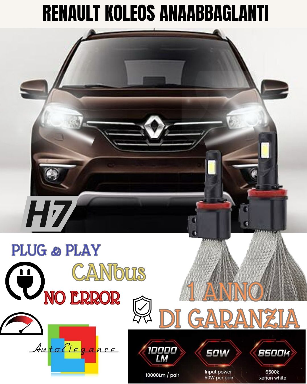 RENAULT KOLEOS H7 LED KIT 6000K XENON NO FAILURE LOW BEAM 6400 LM