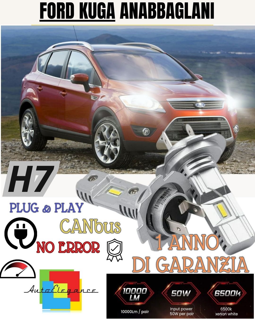 H7 LED KIT FOR FORD KUGA MK1 6000K WHITE 6000 LUMEN CANBUS HIGH BEAM 