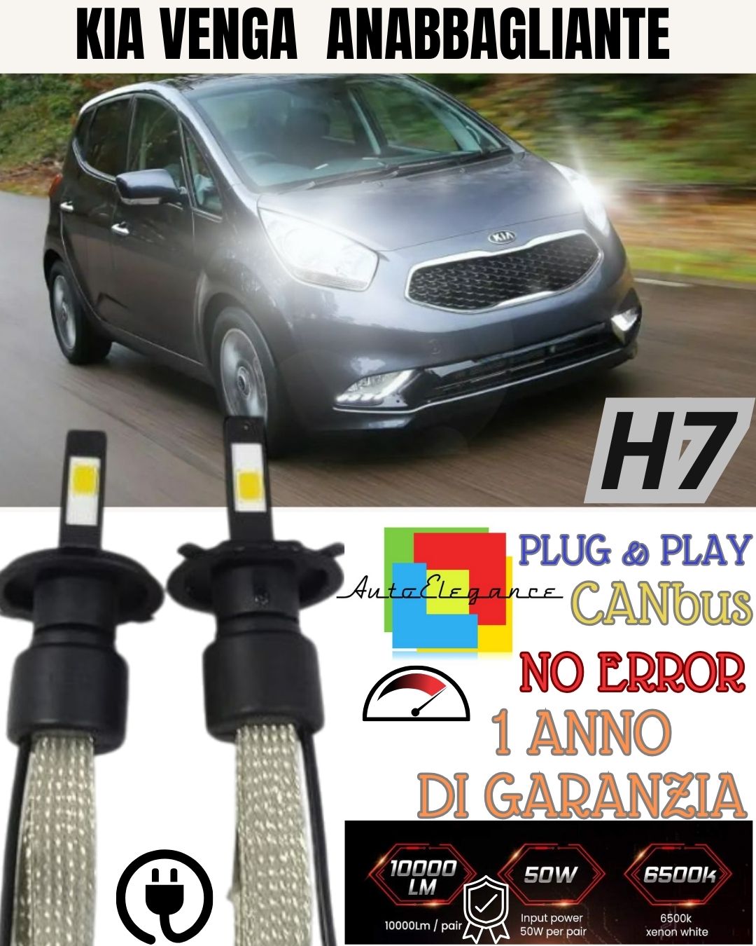 KIT LAMPADE ANABBAGLIANTI LED KIA  VENGA LED H7 6000K BIANCO NO ERROR