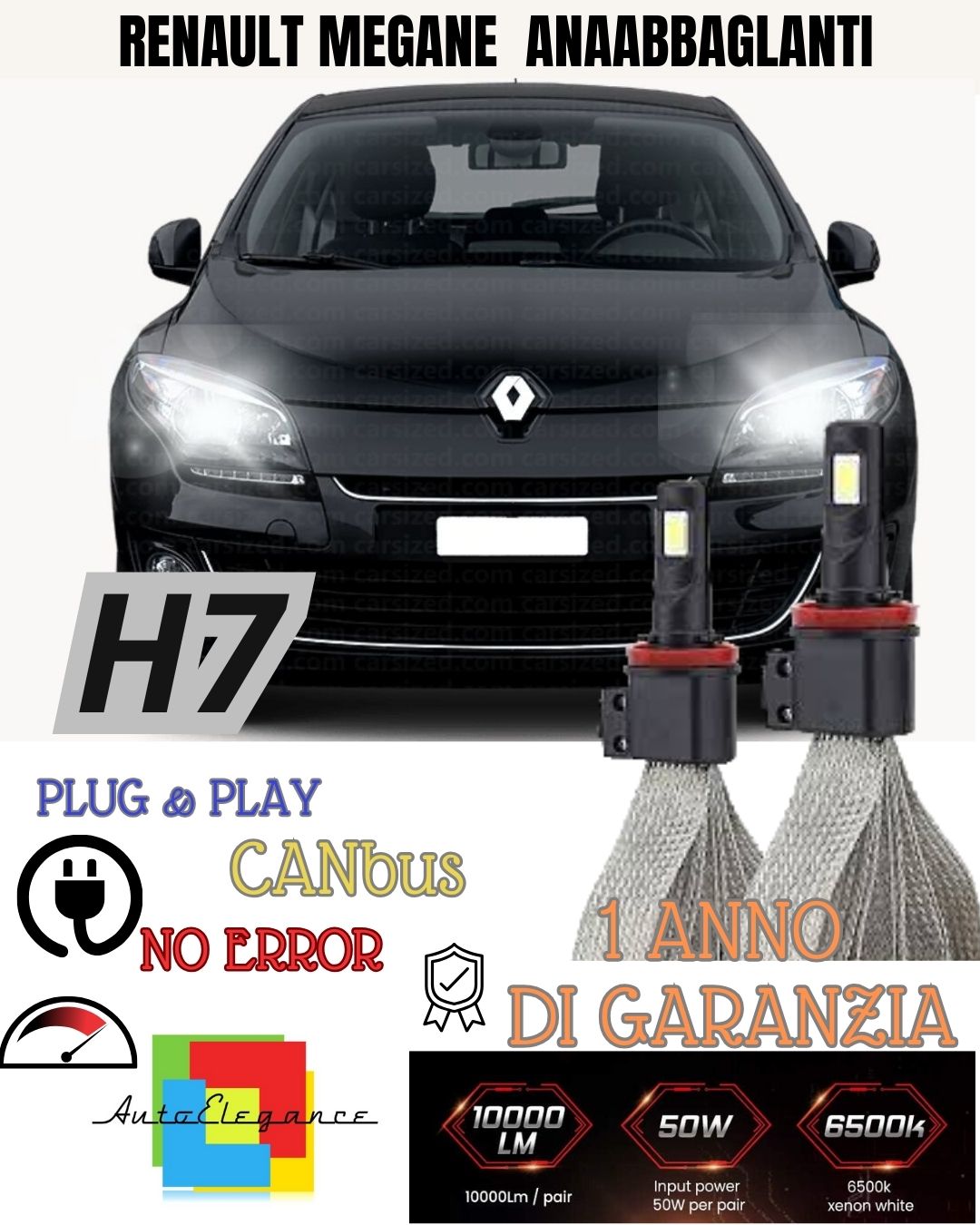 KIT LAMPADE H7 LED ANABBAGLIANTE RENAULT MEGANE III SPORTOUR 6000K XENON BIANCO